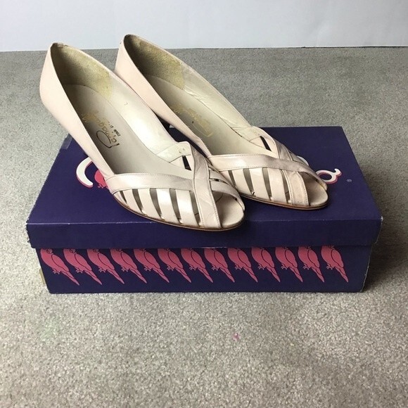 Pappagallo Leather Open Toe Heels Spain Pale Pink Size 7 Vintage - Picture 1 of 12
